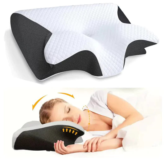 Cervical pillow with black mesh and white surface, used by a person for neck support.